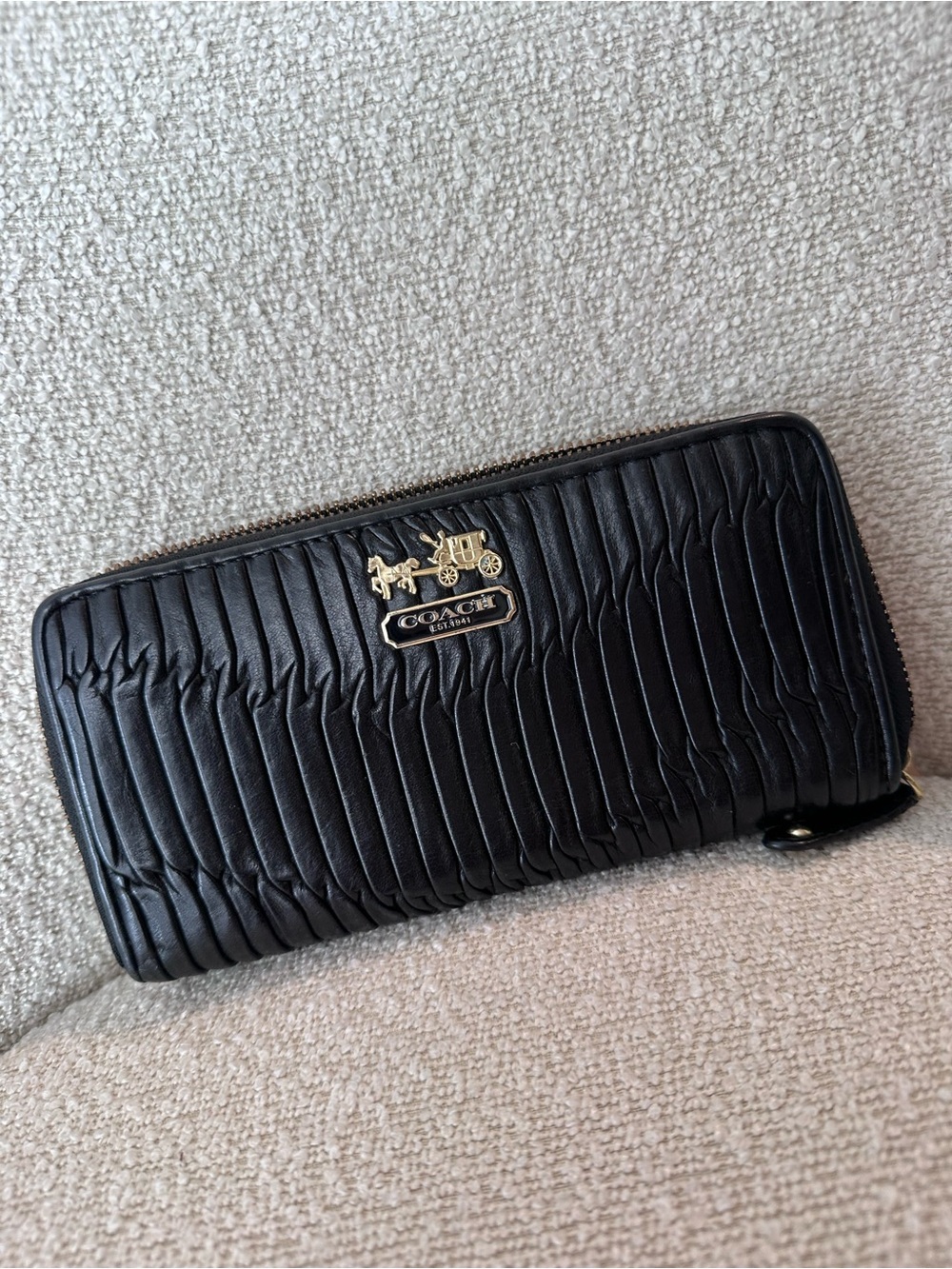 Coach Black Quilted Leather Zip Wallet with Gold Coach Emblem